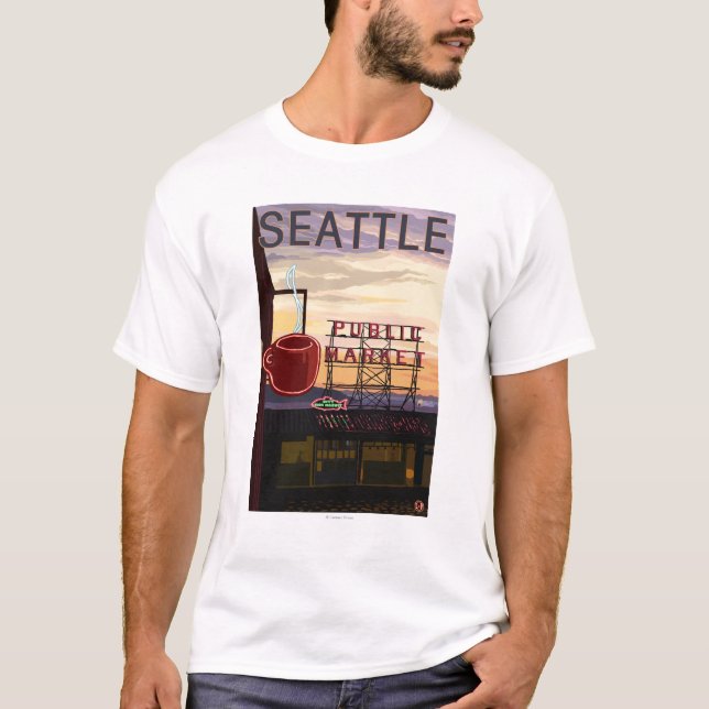 SeattlePike Platz-Markt-Zeichen und Wasser-Ansicht T-Shirt (Vorderseite)