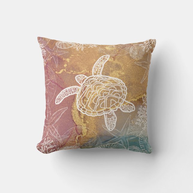 Seaturtle Starfish Beach Seashell Pattern Kissen (Vorderseite)