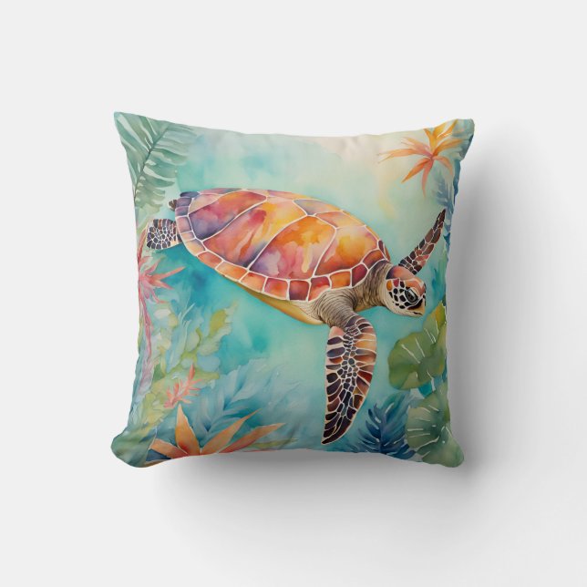 Seaturtle Watercolor Tropical Coastal Meereswelt Kissen (Vorderseite)
