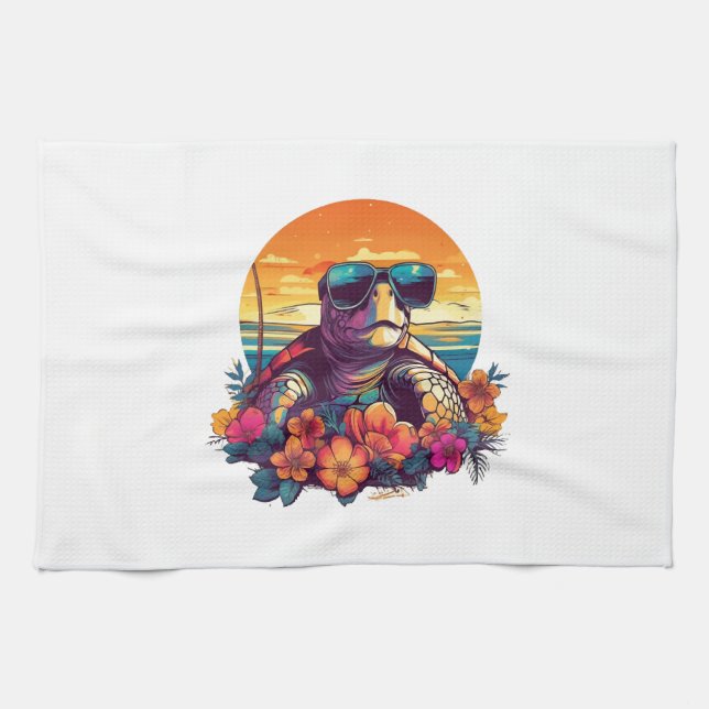 Seaturtle with sunglasses at the beach geschirrtuch (Horizontal)