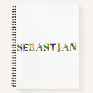 SÉBASTIAN Name Kunst mit Blume bestickt Notizbuch