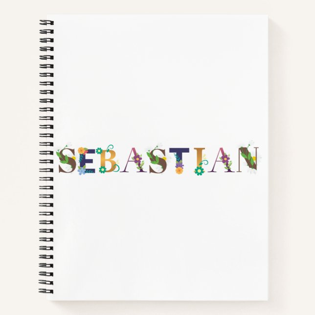 SÉBASTIAN Name Kunst mit Blume bestickt Notizbuch (Vorderseite)