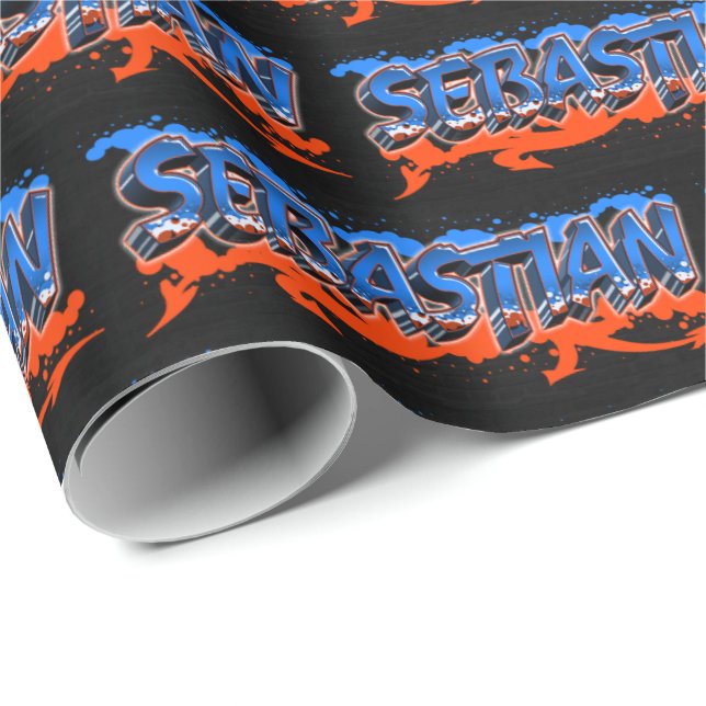 Sebastian Vorname Name Graffiti blue orange Geschenkpapier (Rolleneckpunkt)
