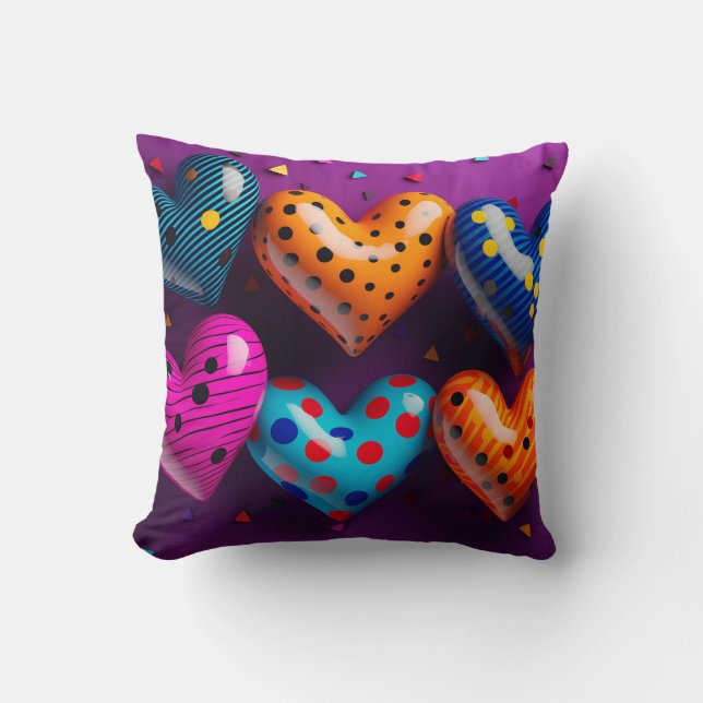Sechs 3D-Herzen auf lila Hintergrund Kissen (Vorderseite)
