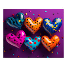 Sechs 3D-Herzen auf lila Hintergrund