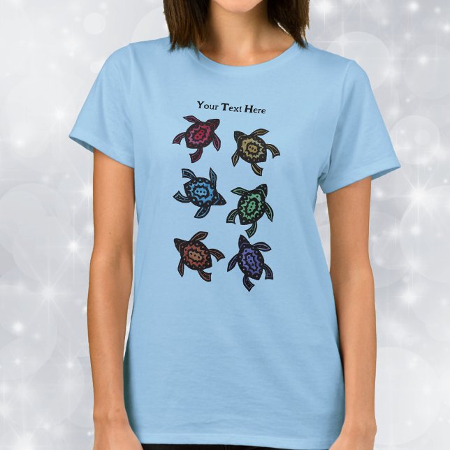 Sechs Abstrakte Turtles-Muscheln in hellen Farben T-Shirt (Six abstract black turtles brightly coloured markings on their shells on blue Tee shirt.)