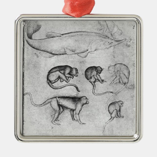 Sechs Affen und ein Stör Ornament Aus Metall (Vorne)