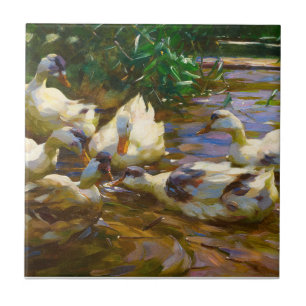 Sechs Enten in Blue Reed Water von Alexander Koest Fliese