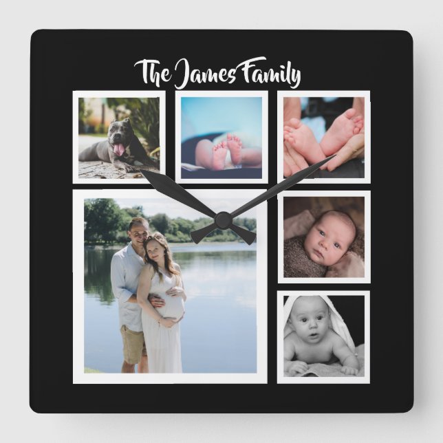 Sechs Foto-Collagen-Schablone Quadratische Wanduhr (Vorderseite)