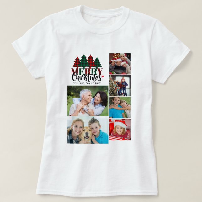 Sechs Foto Kariert Familienname Frohe Weihnachtsfr T-Shirt (Design vorne)