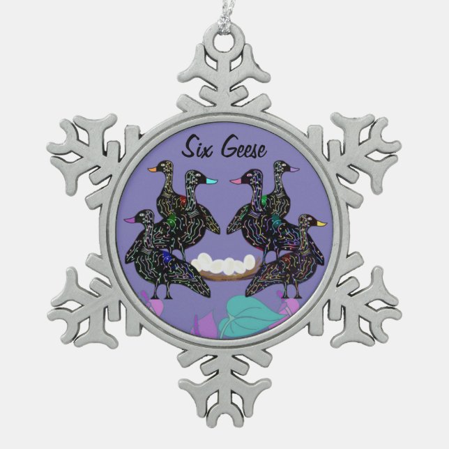 Sechs Gans-Weihnachtsverzierung Schneeflocken Zinn-Ornament (Vorderseite)