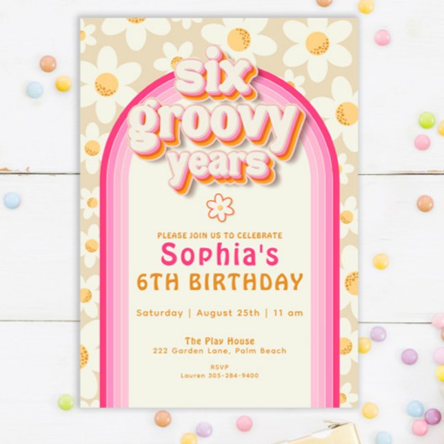 Sechs Groovy Years Daisy Rainbow Birthday Einladun Einladung (Von Creator hochgeladen)