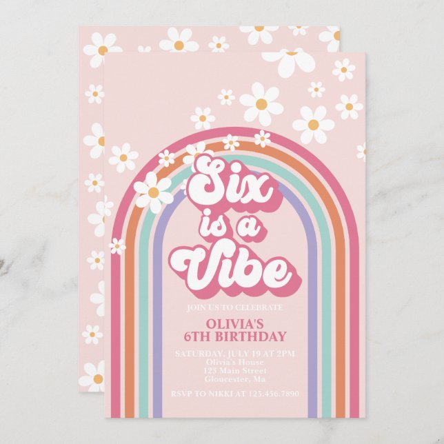 Sechs ist ein Vibe Rainbow 6. Geburtstag Einladung (Vorne/Hinten)