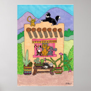 Sechs Katzen in einem orangen Adobe House Poster