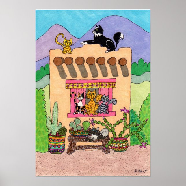 Sechs Katzen in einem orangen Adobe House Poster (Vorne)