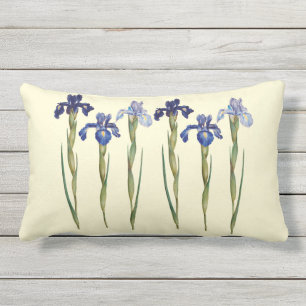 Sechs lila u. blaue Iris-lumbales Kissen im Freien