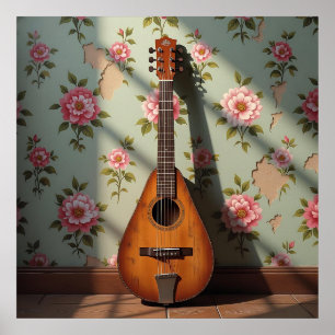 Sechs-saitige Dulcimer Vintage-Blumen Poster