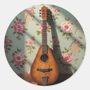 Sechs-saitiges Dulcimer Vintage-Blumenmuster Runder Aufkleber