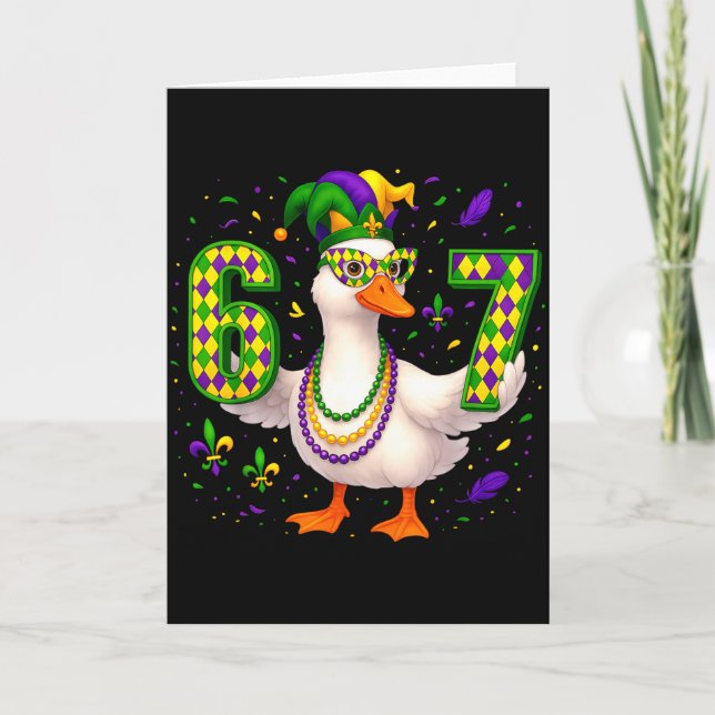 Sechs Sieben 67 Meme Gans Mit Narrenhut & Perle Karte (Vorderseite)