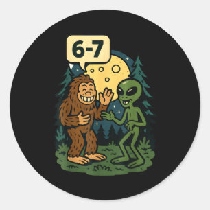Sechs Sieben Lustiger Bigfoot Und Alien 67 Viral M Runder Aufkleber