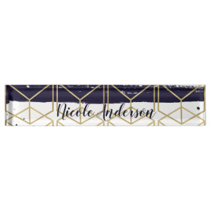 Sechseck Modern Navy Blau Gold Geometrisch Glamour Namensplakette