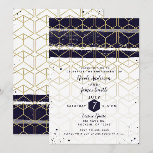 Sechseck Modern Navy Blau Gold Geometrisch Verlobu Einladung
