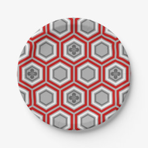 Sechseckiger Kimono-Druck, rot und Grau/Grau Pappteller