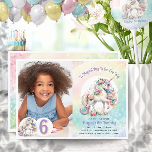 Sechste 6. Einhorn Thema Geburtstag Pastel Rainbow Einladung