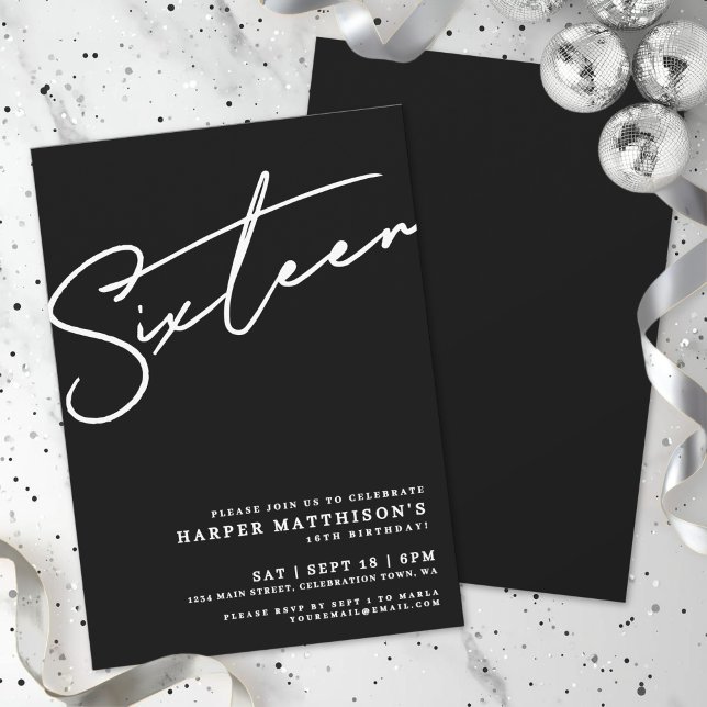 Sechzehn Black 16. Geburtstag Einladung (Sixteen Black 16th Birthday Invitation)