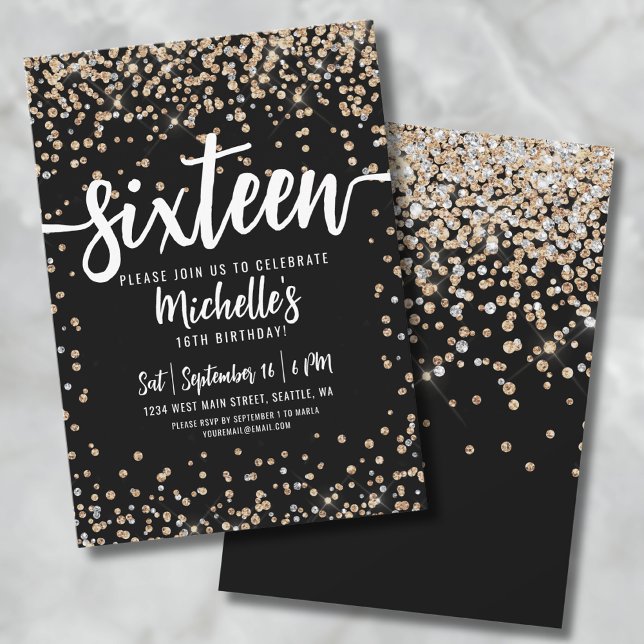 Sechzehn Black Gold Glitzer 16. Geburtstag Einladung (Sixteen Black And Gold Glitter 16th Birthday Invitation)