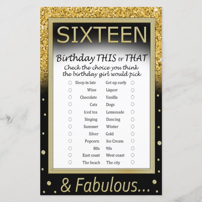 Sechzehn Geburtstag Dieses oder jenes Spiel (Vorderseite)
