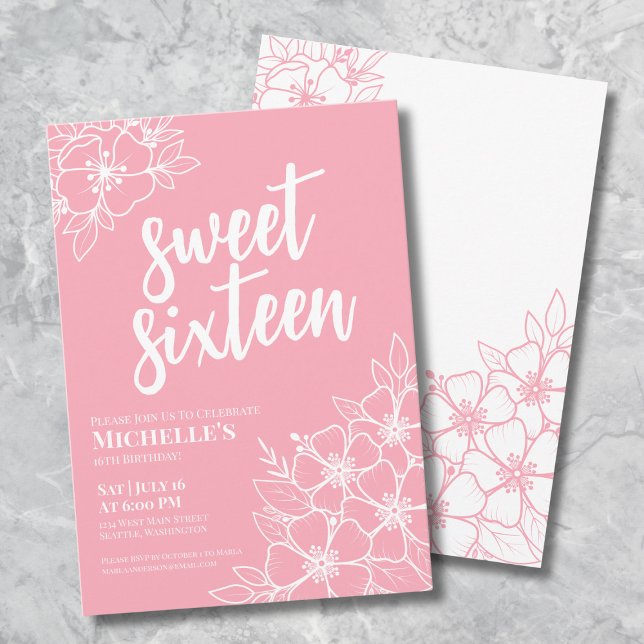 Sechzehn rosa Elegant Sweet 16 Party Einladung (16th Pink Floral Sweet Sixteen Birthday Party Invitation)