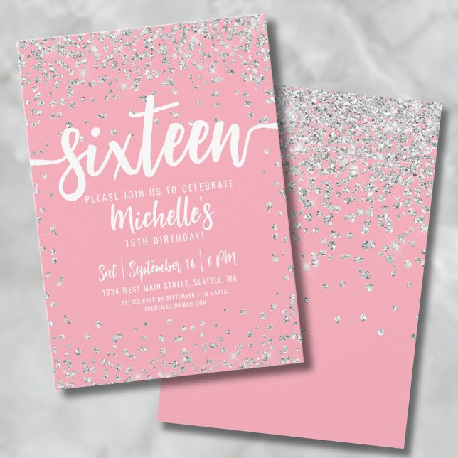 Sechzehn rosa Glitzer Eleganter Chic Sweet 16 Einladung (16th Pink Glitter Sweet Sixteen Birthday Invitation)