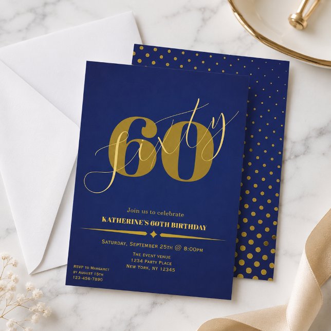 Sechzig Elegante Blau & Gold 60. Geburtstagseinlad (Von Creator hochgeladen)