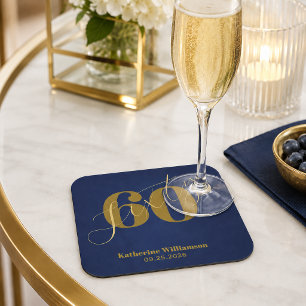 Sechzig Elegante Blau & Gold 60. Geburtstagseinlad Rechteckiger Pappuntersetzer