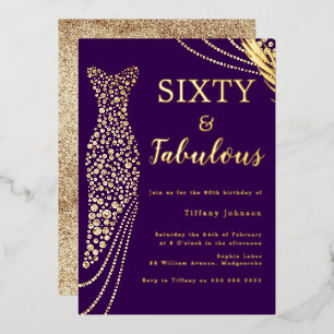 Sechzig & Fabelhaft Lila & Gold Kleid 60. Geburtst Folieneinladung