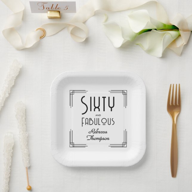 Sechzig Fabelhafte Schwarz-Weiß-Art-Deco-60. Gebur Pappteller (Hochzeit)
