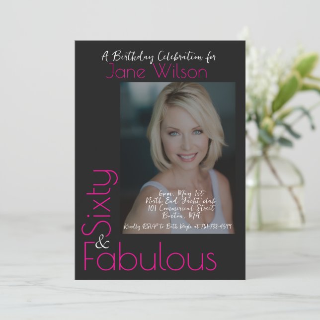 Sechzig & Fabulous Einladung Pink & Schwarz Foto (Stehend Vorderseite)