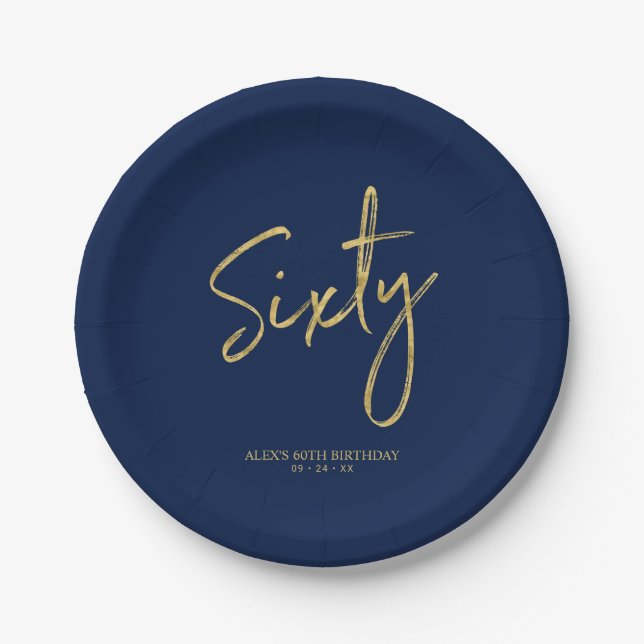 sechzig | Gold & Navy Blue Lettering 60. Geburtsta Pappteller (Vorderseite)