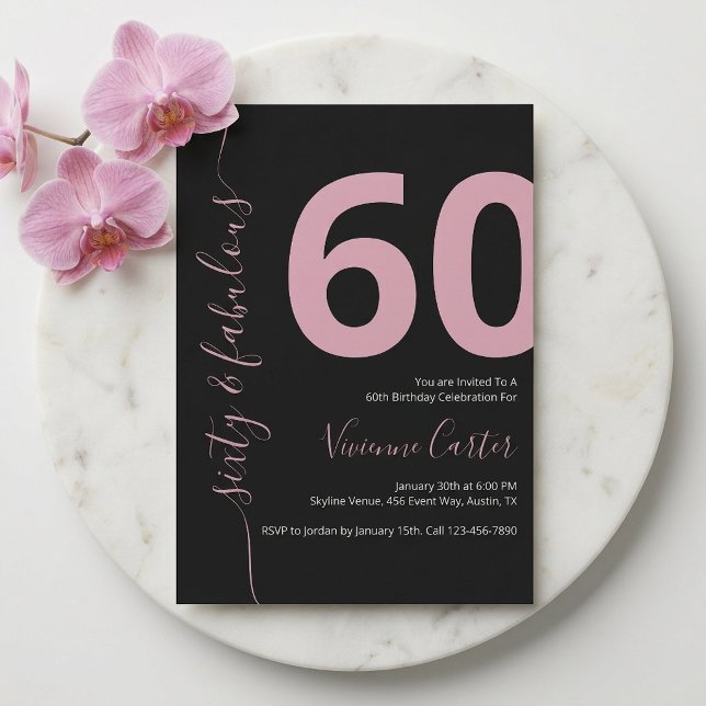 Sechzig und Fantastisch Skript Rosa 60. Geburtstag Einladung (Sixty and Fabulous Script Pink 60th Birthday Party Invitation)
