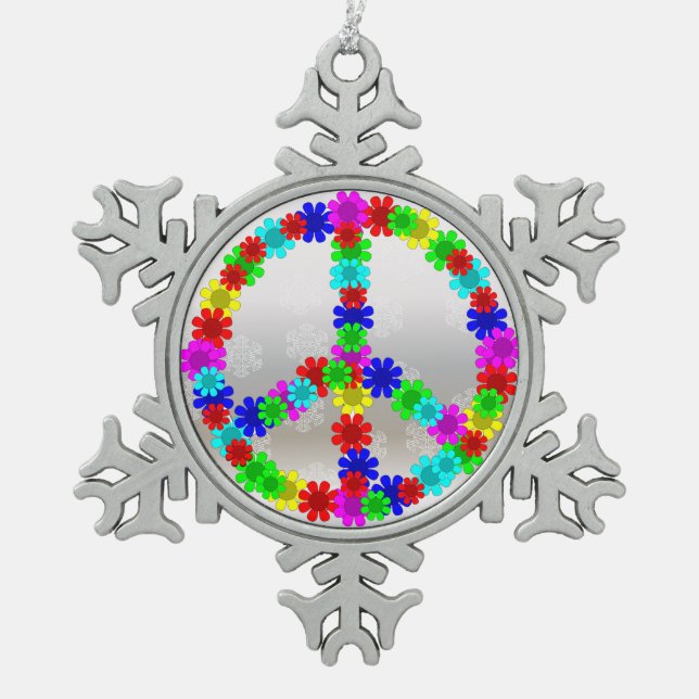 Sechzigerjahre FriedensBlumen-Symbol Schneeflocken Zinn-Ornament (Vorderseite)
