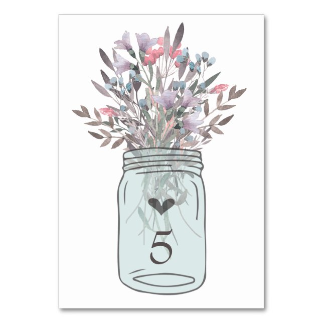 Secret Garden Floral Mason Jar Tischnummer Cards (Vorderseite)
