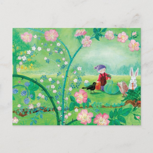 Secret Garden Gnome, Igel, Blackbird & Rabbit Postkarte (Vorderseite)