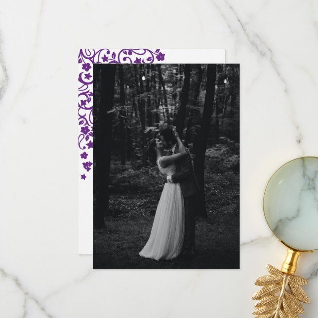 Secret Garden Lila Blumenvögel Foto Hochzeit Dankeskarte (Vorderseite/Rückseite Beispiel)