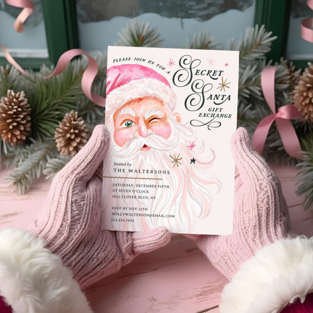 Secret Santa Gift Exchange Retro Rosa Santa Claus Einladung (Secret Santa Gift Exchange Retro Pink Santa Claus Party Invitation)