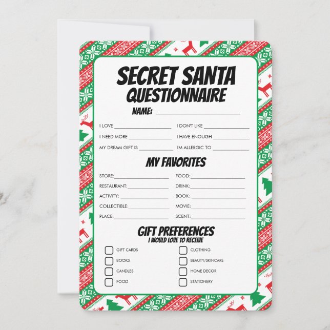 Secret Santa Gift Questionnaire Feiertagskarte (Vorderseite)
