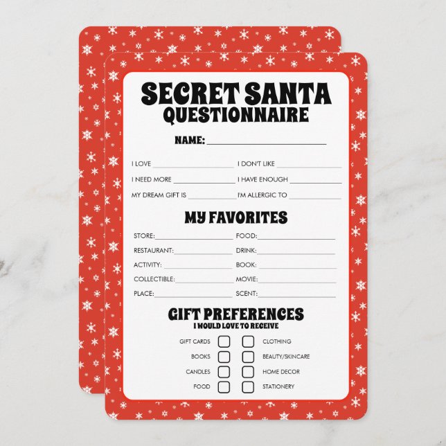 Secret Santa Gift Questionnaire Feiertagskarte (Vorne/Hinten)