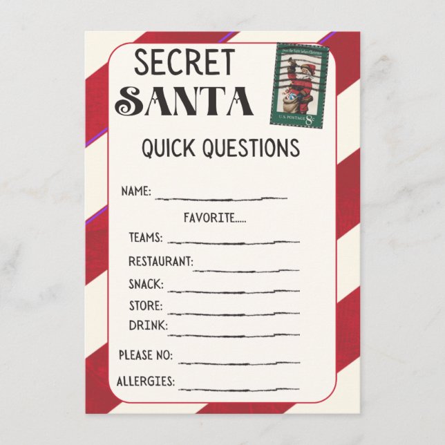 Secret Santa Questionnaire Karten (Vorderseite)