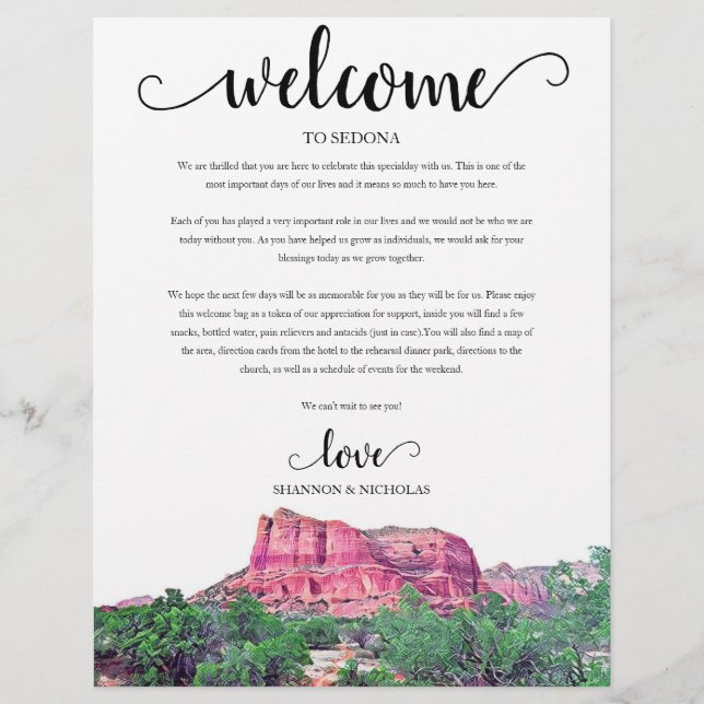 Sedona Arizona Hochzeitswochenende Willkommen (Vorderseite)