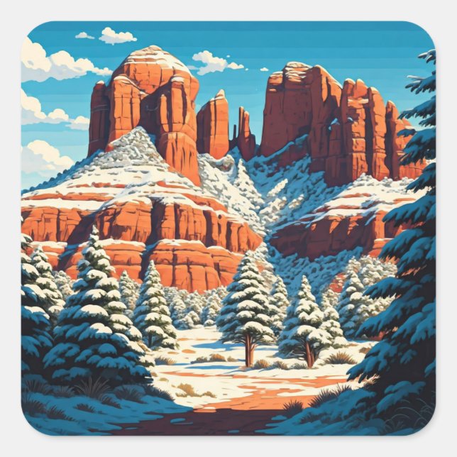 Sedona Arizona Reisen Rote Felsen Schnee Quadratischer Aufkleber (Vorderseite)